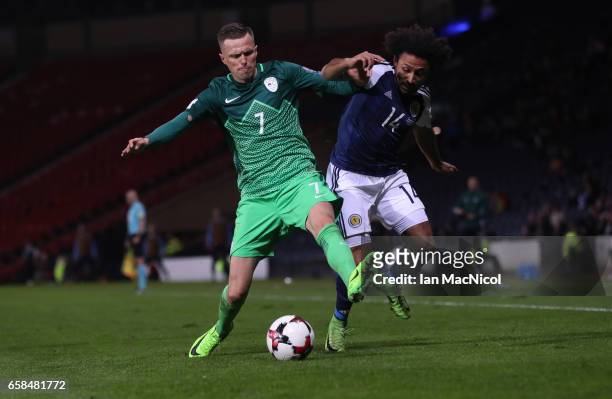 Josip Ilicic of Slovinia vies with Ikechi Anya of Scotland during the FIFA 2018 World Cup Qualifier between Scotland and Slovenia at Hampden Park on...