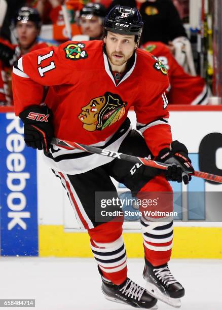 Andrew Desjardins of the Chicago Blackhawks plays in the game against the Minnesota Wild at the United Center on March 20, 2016 in Chicago, Illinois.