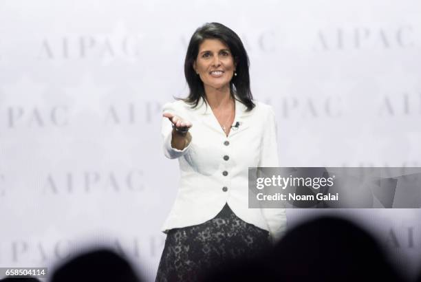 United States Ambassador to the United Nations Nikki Haley speaks onstage at the AIPAC 2017 Convention on March 27, 2017 in Washington, DC.