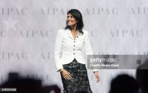 United States Ambassador to the United Nations Nikki Haley speaks onstage at the AIPAC 2017 Convention on March 27, 2017 in Washington, DC.