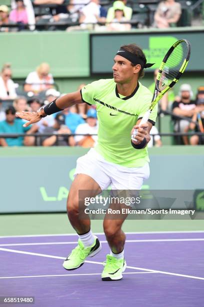 Rafael Nadal of Spain in action against Philipp Kohlschreiber of Germany at Crandon Park Tennis Center on March 26, 2017 in Key Biscayne, Florida.