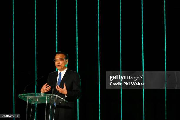 Chinese Premier Li Keqiang speaks during a Trade and Enterprise function at the Langham Hotel on March 28, 2017 in Auckland, New Zealand. The Chinese...