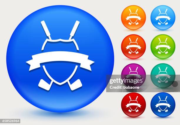 golf crest and golf clubs icon on shiny color circle buttons - wood family crest stock illustrations