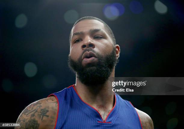 Marcus Morris of the Detroit Pistons looks on during player introductions before the game against the New York Knicks at Madison Square Garden on...