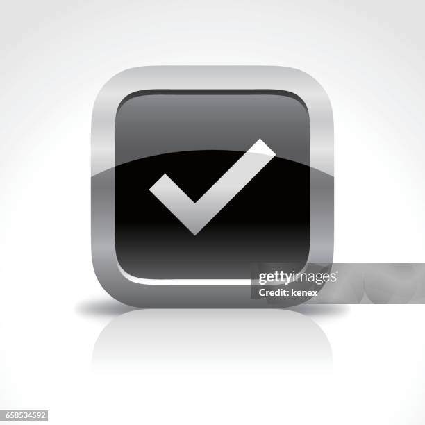 check mark glossy button icon - shiny chrome reflection stock illustrations