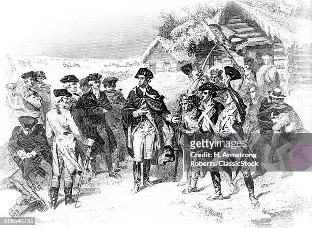 1770s ENGRAVING OF GEORGE WASHINGTON SPEAKING IN FRONT OF TROOPS AT VALLEY FORGE WINTER OF 1777 TO 1778