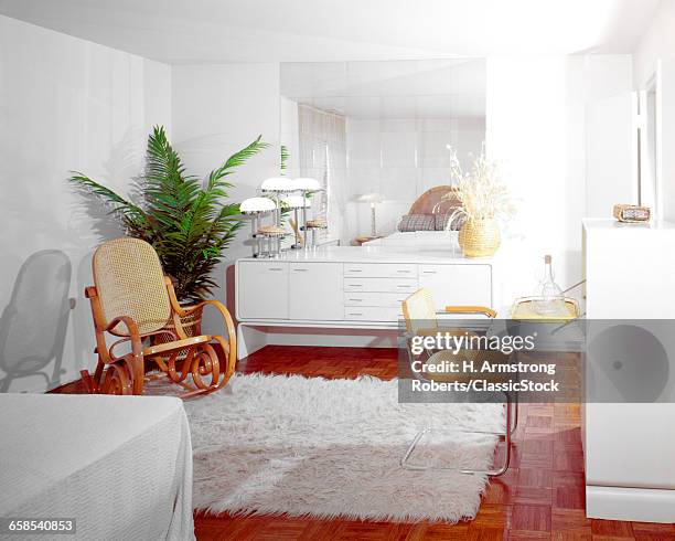 1970s BEDROOM WHITE LACQUER FURNITURE SHAG AREA RUG BENTWOOD ROCKING CHAIR CESCA STYLE CANE AND METAL CHAIR