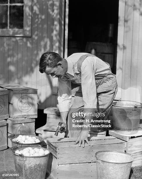 1920s 1930s MAN FARMER WEARING BIB OVERALLS NAILING SHUT WOODEN SHIPPING CRATES OF EGGS