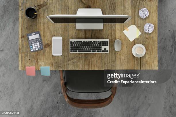knolling scene business desk with a pc monitor and a chair - knolling tools stock pictures, royalty-free photos & images