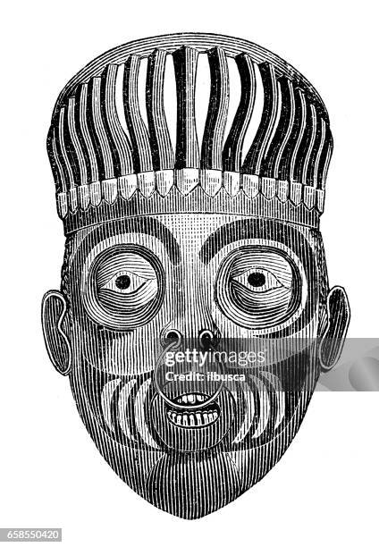 antique engraving illustration: indigenous tribe mask - creepy monsters from the past stock illustrations