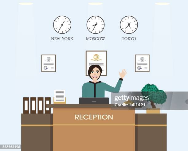 girl working at the reception.  flat design. - japanese greeting stock illustrations
