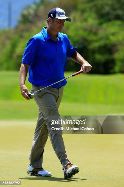 Bill Lunde reacts after his birdie putt on the 11th green during the final round of the Puerto Rico Open at Coco Beach on March 26, 2017 in Rio...