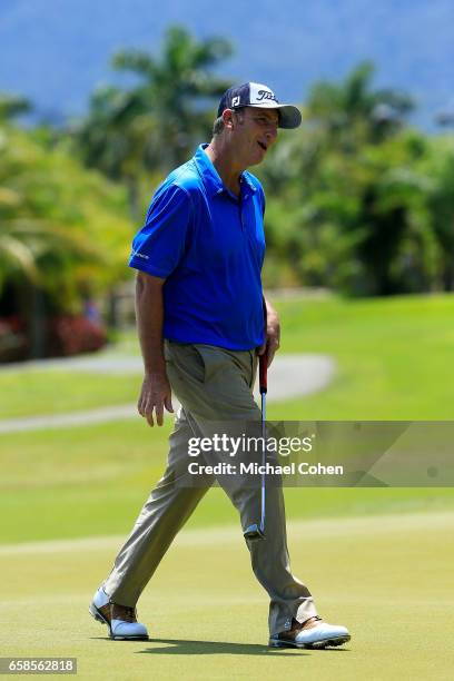 Bill Lunde reacts after his birdie putt on the 11th green during the final round of the Puerto Rico Open at Coco Beach on March 26, 2017 in Rio...