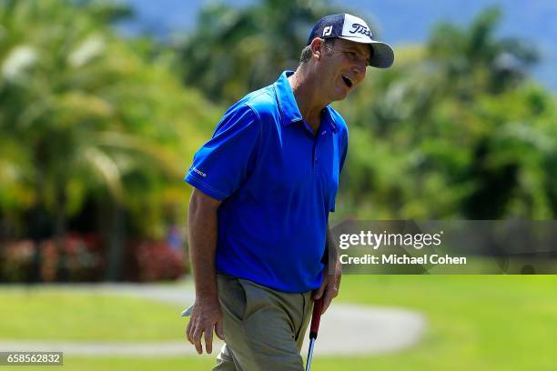 Bill Lunde reacts after his birdie putt on the 11th green during the final round of the Puerto Rico Open at Coco Beach on March 26, 2017 in Rio...