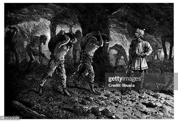 antique engraving illustration: roman miner slaves - chained slaves stock illustrations