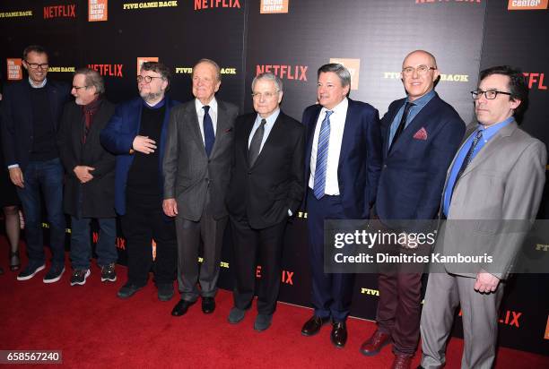 John Battsek, Steven Spielberg, Guillermo del Toro, George Stevens Jr., Lawrence Kasdan, Ted Sarandos, Laurent Bouzereau and Mark Harris attend the...