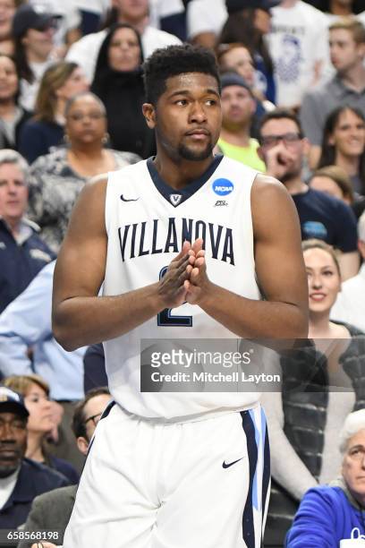 Kris Jenkins of the Villanova Wildcats looks on before the First Round of the NCAA Basketball Tournament against the Mount St. Mary's Mountaineers at...