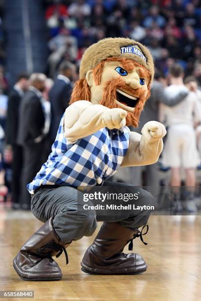The Mount St. Mary's Mountaineers mascot on the floor during the First Round of the NCAA Basketball Tournament against the Villanova Wildcats at The...