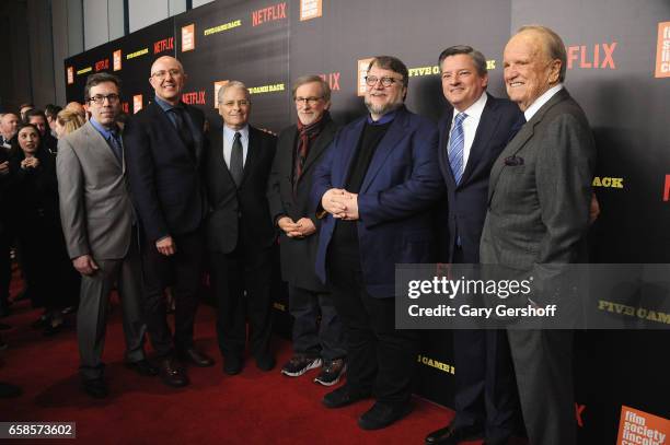 Mark Harris, Laurent Bouzereau, Lawrence Kasdan, Steven Spielberg, Guillermo del Toro, Ted Sarandos and George Stevens Jr.attend the "Five Came Back"...