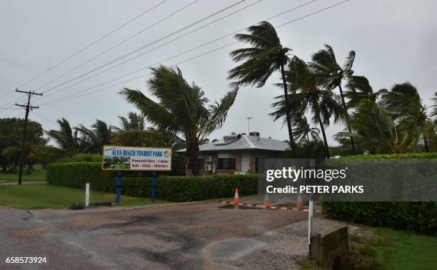 Palm trees blow in the wind in the town of Ayr in far north Queensland as Cyclone Debbie approaches on March 28, 2017. - Lashing rain and howling...