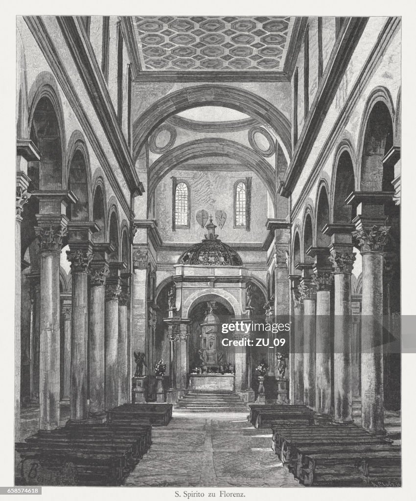 Basilica di Santo Spirito, Florence, Italy, wood engraving, published 1884