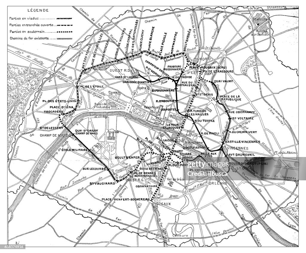 Antiguo grabado de la ilustración: mapa de Metro de metro de París