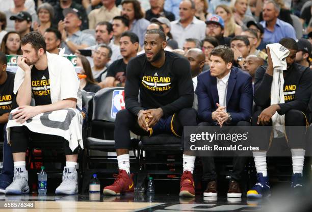 LeBron James of the Cleveland Cavaliers and teammates,Kevin Love of the Cleveland Cavaliers, Kyle Korver of the Cleveland Cavaliers and Tristan...