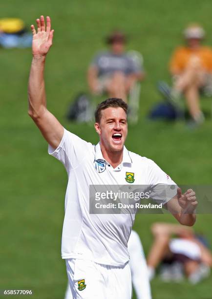 Morne Morkel of South Africa celebrates taking the final wicket of the first innings of New Zealand on day four of the Test match between New Zealand...