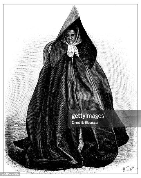 antique engraving illustration: woman with dark dress - nun isolated stock illustrations