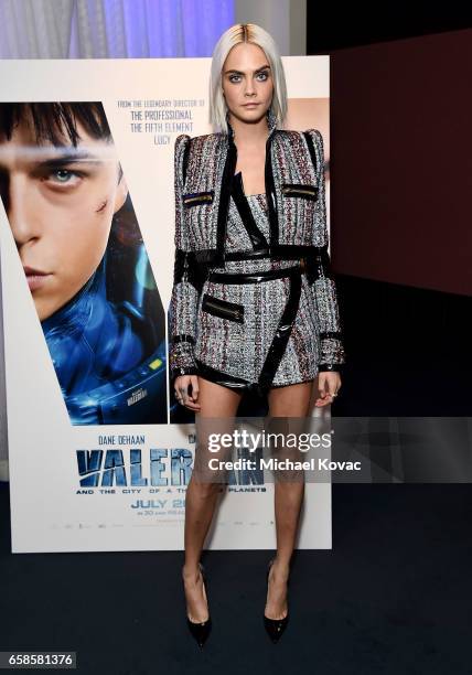 Actress Cara Delevingne attends the trailer viewing of "Valerian and The City of a Thousand Planets" on March 27, 2017 in Los Angeles, California.