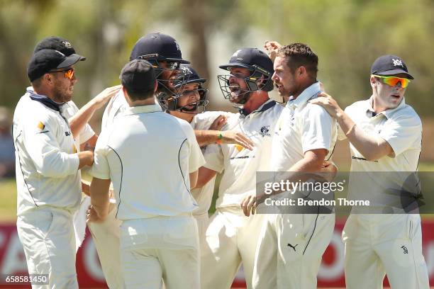 Jon Holland of the Bushrangers celebrates with team mates after claiming the wicket of Jake Lehmann of the Redbacks during the Sheffield Shield final...