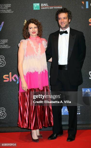 Ginevra Elkann and Giovanni Gaetani dell'Aquila d'Aragona walk the red carpet of the 61. David Di Donatello on March 27, 2017 in Rome, Italy.