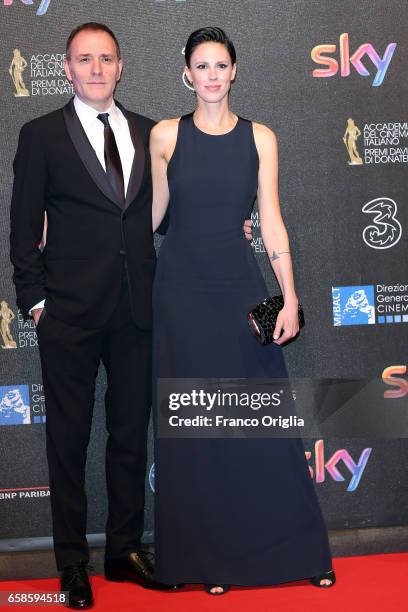 Valerio Mastandrea and Chiara Martegiani walk the red carpet of the 61. David Di Donatello on March 27, 2017 in Rome, Italy.