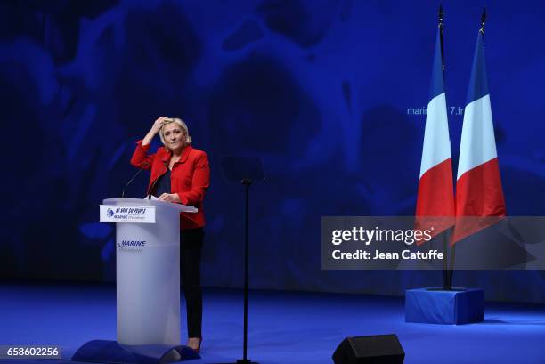 French presidential candidate Marine Le Pen, President of the Front National party, holds a meeting at the Zenith Arena de Lille on March 26, 2017 in...