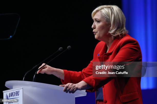 French presidential candidate Marine Le Pen, President of the Front National party, holds a meeting at the Zenith Arena de Lille on March 26, 2017 in...