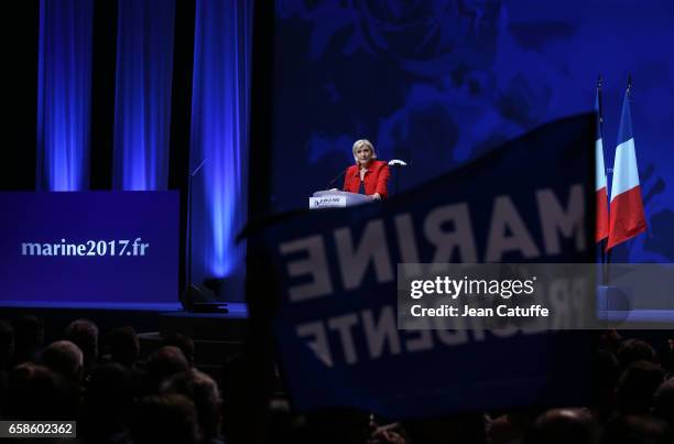 French presidential candidate Marine Le Pen, President of the Front National party, holds a meeting at the Zenith Arena de Lille on March 26, 2017 in...