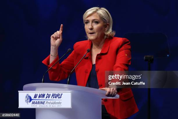 French presidential candidate Marine Le Pen, President of the Front National party, holds a meeting at the Zenith Arena de Lille on March 26, 2017 in...