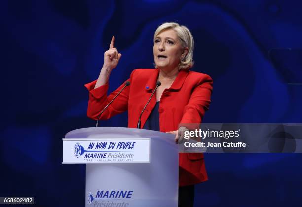 French presidential candidate Marine Le Pen, President of the Front National party, holds a meeting at the Zenith Arena de Lille on March 26, 2017 in...