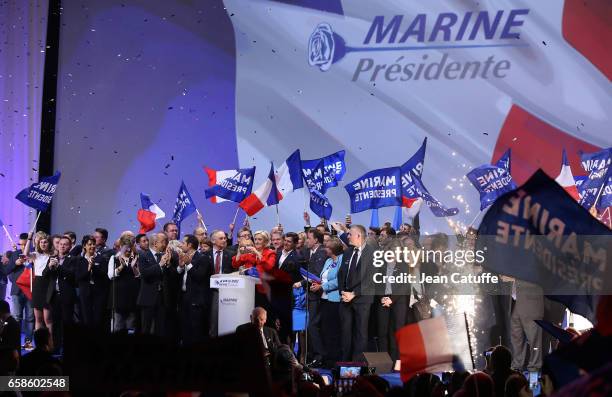 French presidential candidate Marine Le Pen, President of the Front National party, holds a meeting at the Zenith Arena de Lille on March 26, 2017 in...