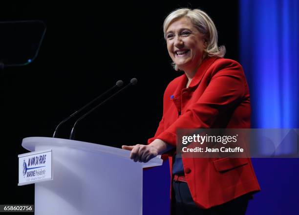 French presidential candidate Marine Le Pen, President of the Front National party, holds a meeting at the Zenith Arena de Lille on March 26, 2017 in...