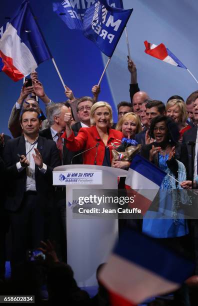 French presidential candidate Marine Le Pen, President of the Front National party, holds a meeting at the Zenith Arena de Lille on March 26, 2017 in...