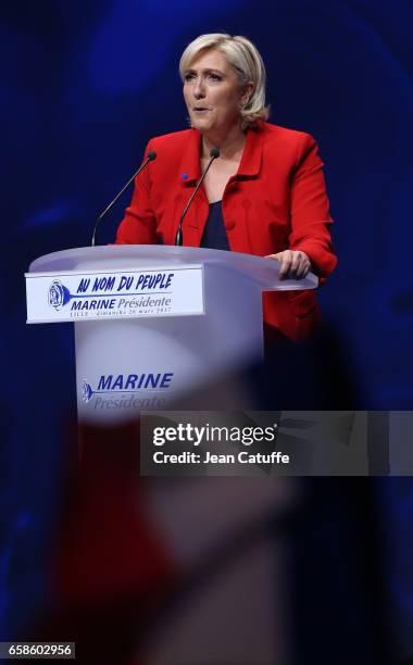 French presidential candidate Marine Le Pen, President of the Front National party, holds a meeting at the Zenith Arena de Lille on March 26, 2017 in...