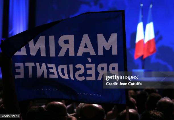 French presidential candidate Marine Le Pen, President of the Front National party, holds a meeting at the Zenith Arena de Lille on March 26, 2017 in...