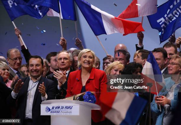 French presidential candidate Marine Le Pen, President of the Front National party, holds a meeting at the Zenith Arena de Lille on March 26, 2017 in...