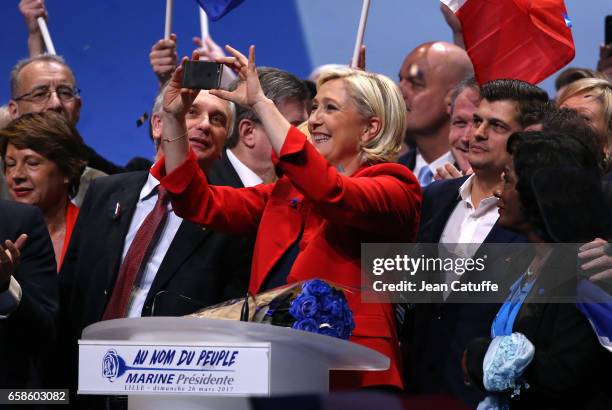 French presidential candidate Marine Le Pen, President of the Front National party, holds a meeting at the Zenith Arena de Lille on March 26, 2017 in...