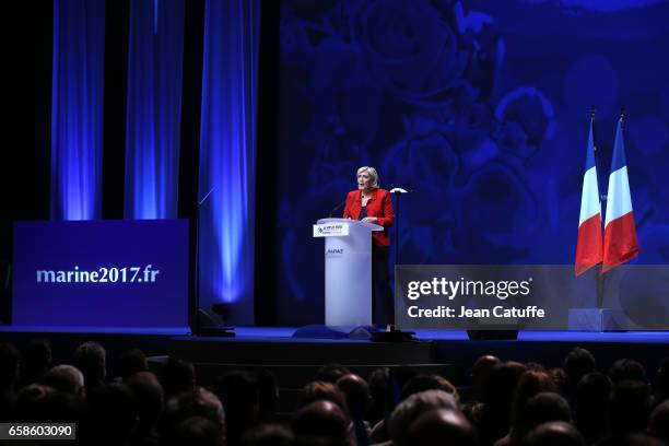 French presidential candidate Marine Le Pen, President of the Front National party, holds a meeting at the Zenith Arena de Lille on March 26, 2017 in...