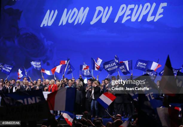 French presidential candidate Marine Le Pen, President of the Front National party, holds a meeting at the Zenith Arena de Lille on March 26, 2017 in...