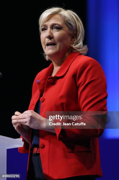 French presidential candidate Marine Le Pen, President of the Front National party, holds a meeting at the Zenith Arena de Lille on March 26, 2017 in...