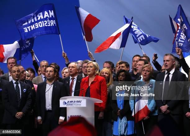 French presidential candidate Marine Le Pen, President of the Front National party, holds a meeting at the Zenith Arena de Lille on March 26, 2017 in...