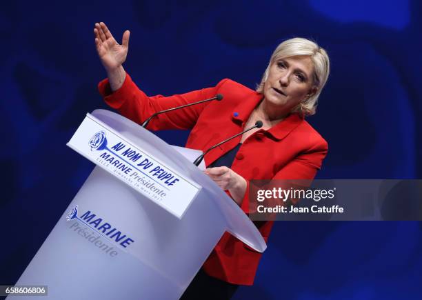 French presidential candidate Marine Le Pen, President of the Front National party, holds a meeting at the Zenith Arena de Lille on March 26, 2017 in...